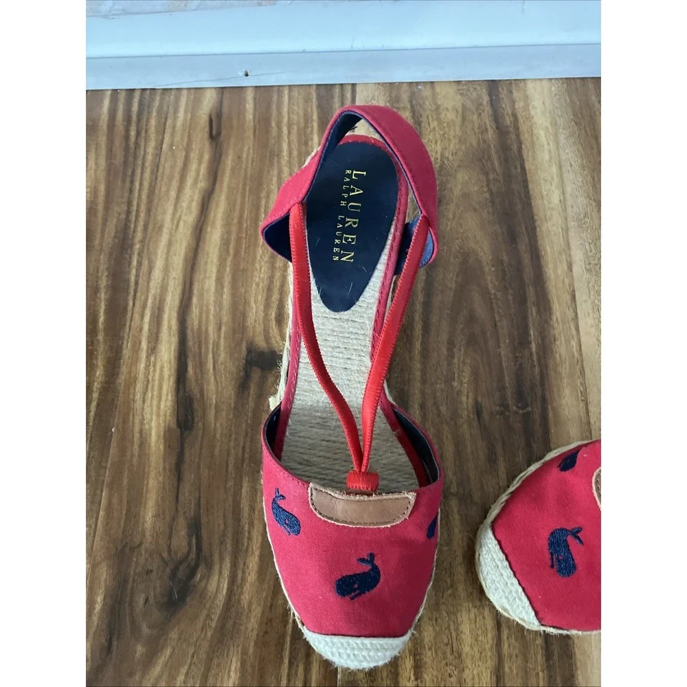Women's Ralph Lauren Cala Wedge Sandal Espadrilles Size 8 Red, Navy Whales